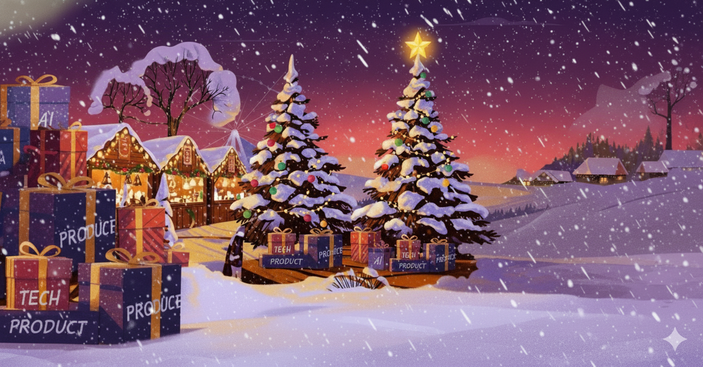 Christmas winter scene with decorated trees and gifts